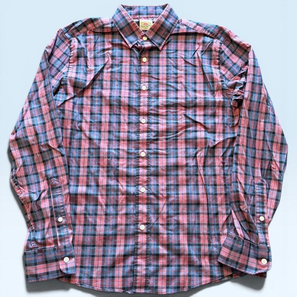 Faherty Shirt Mens Medium Red Blue Plaid Supima Stretch Button Front Casual